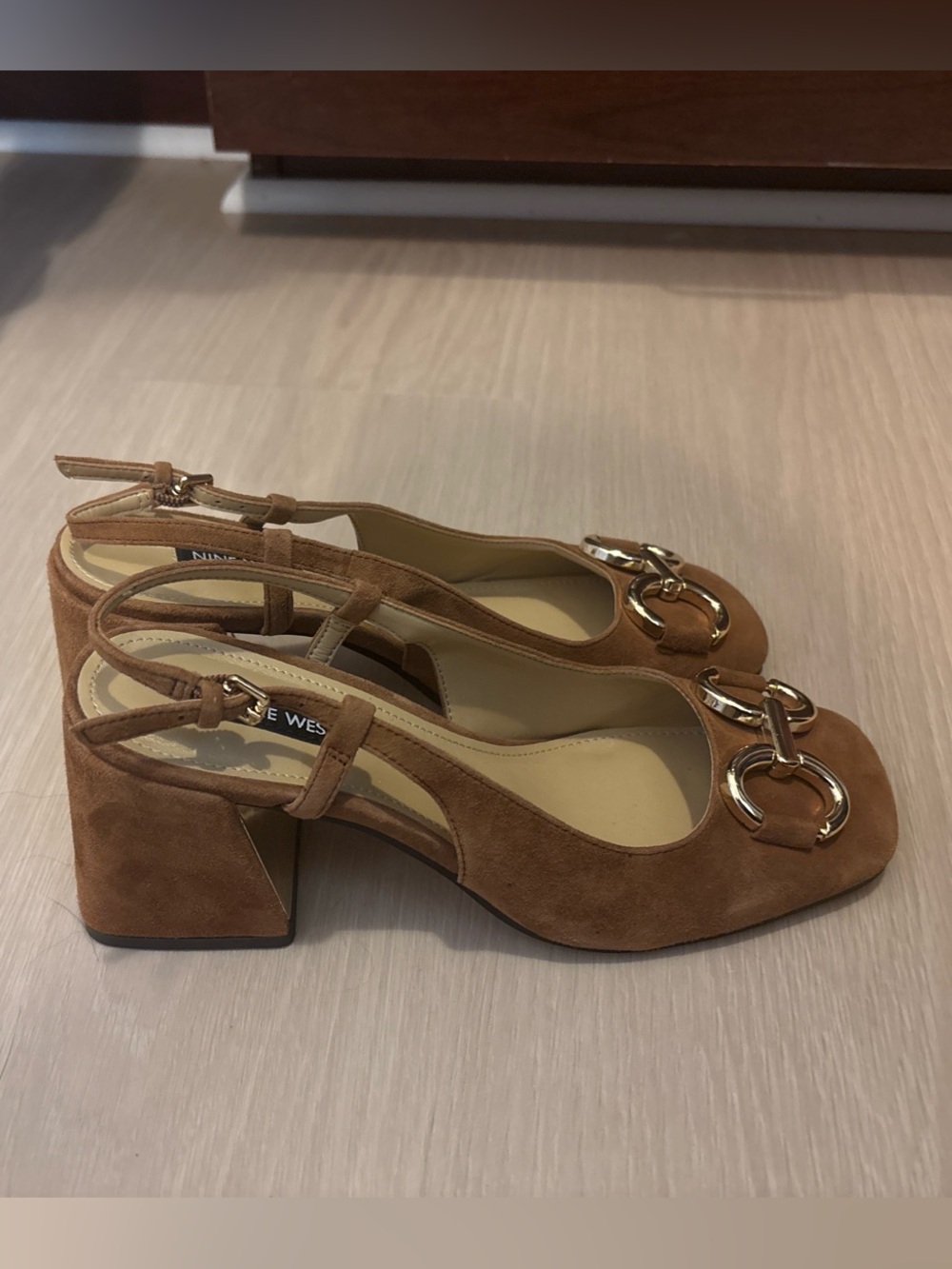 Nine West Brown Suede Slingback Block Heel Shoes Gold Hardware 7M